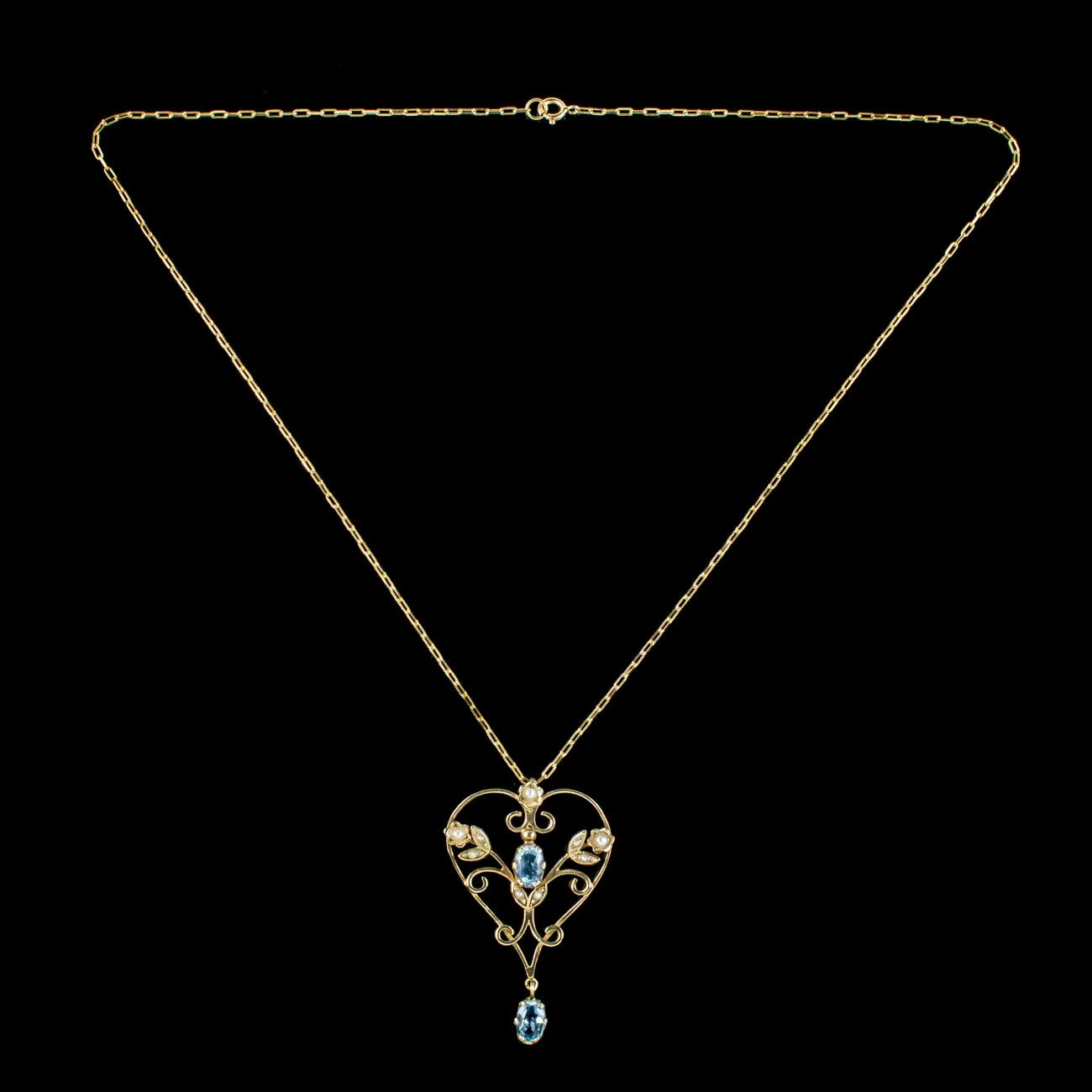 Vintage Aquamarine Pearl Heart Pendant Necklace 9ct Gold Dated 1987