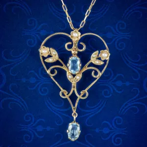 Vintage Aquamarine Pearl Heart Pendant Necklace 9ct Gold Dated 1987