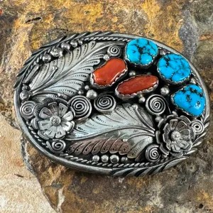 Vintage Estate - Turquoise and Coral Belt Buckle by Tommy Dow