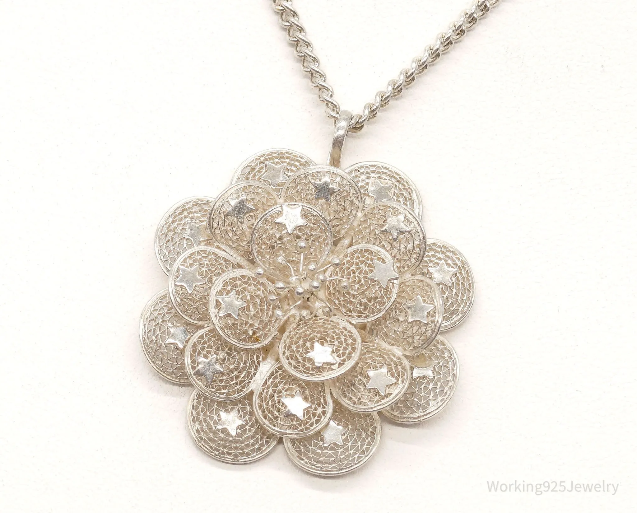 Vintage Large Filigree Flower Star Petals Silver Chain Necklace