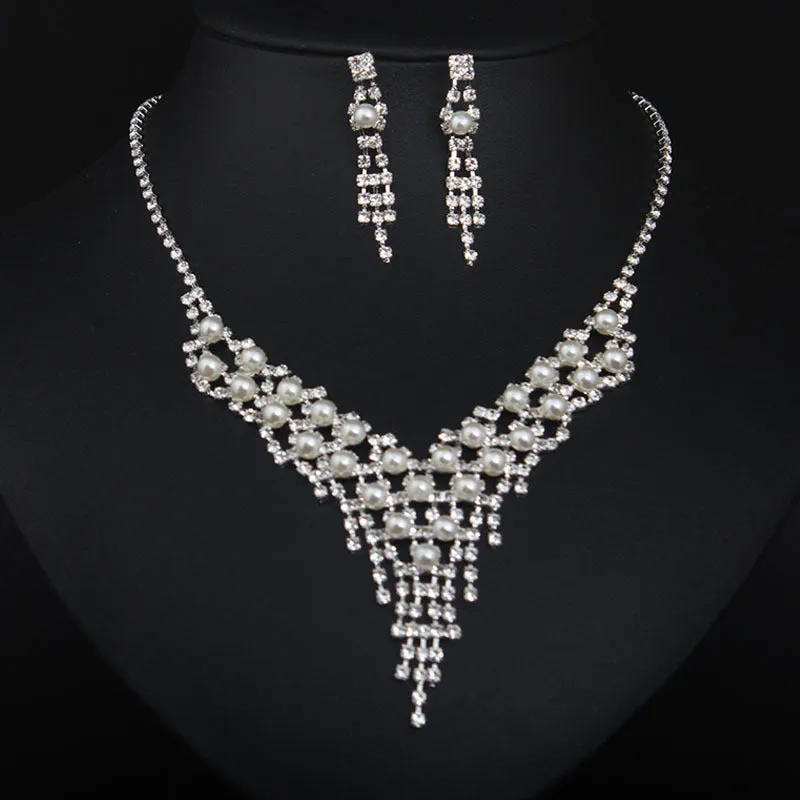 Wedding Jewellery Silver Pearl Bridal Necklace Earrings Set Crystal Bridal Jewellery Set for Women