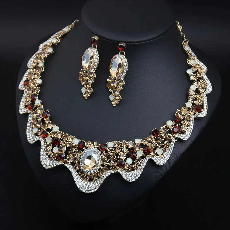 Wedding Jewelry Sets Rhinestone Crystal Statement Bridal Necklace Earrings Set Fashion Women Party Choker Gift