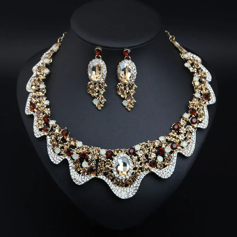 Wedding Jewelry Sets Rhinestone Crystal Statement Bridal Necklace Earrings Set Fashion Women Party Choker Gift