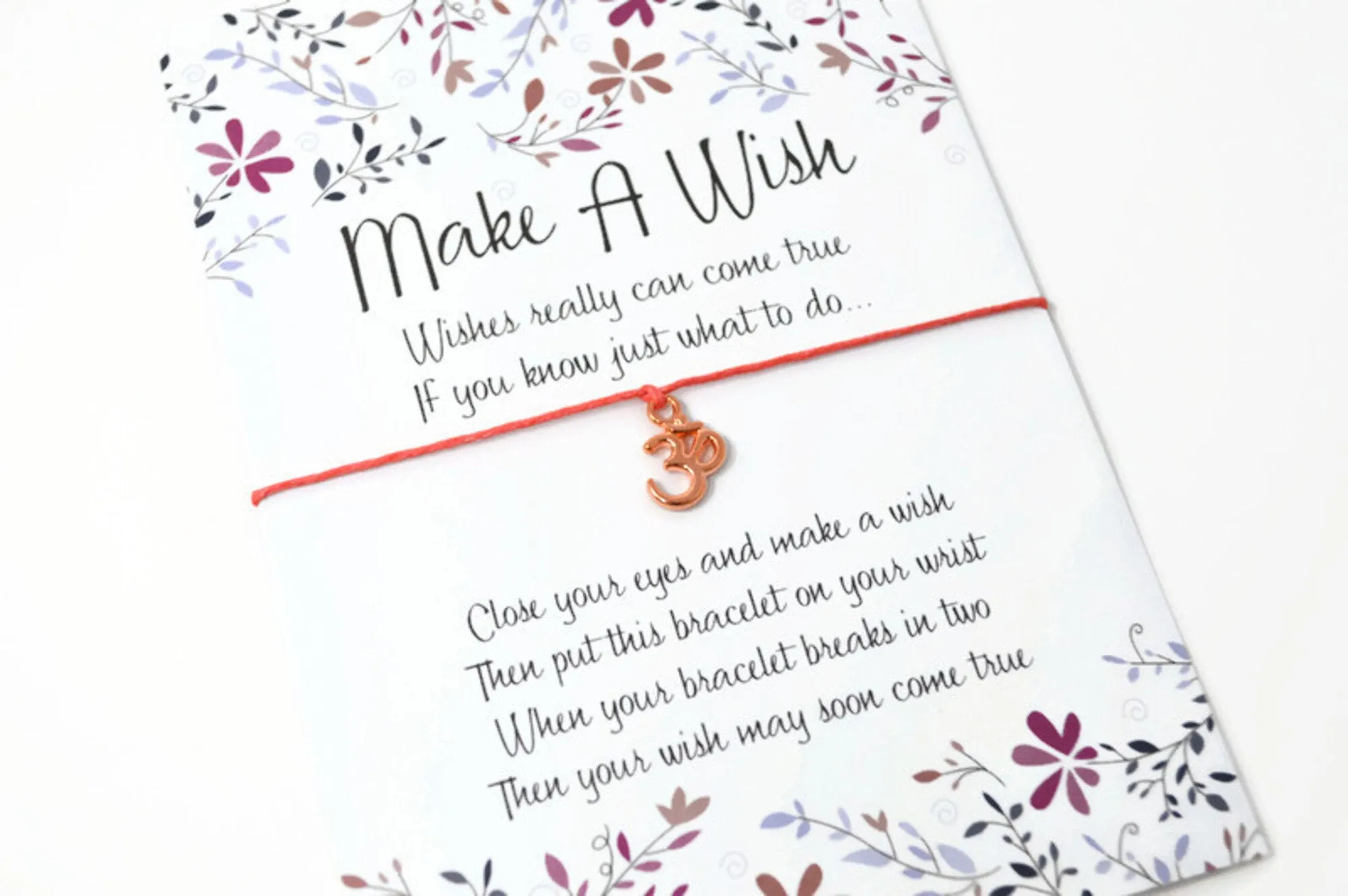 Wish Bracelet - Rose Gold Ohm Charm Meditation Gift. Lucky String Bracelet. Choice of Colours Wish Knots